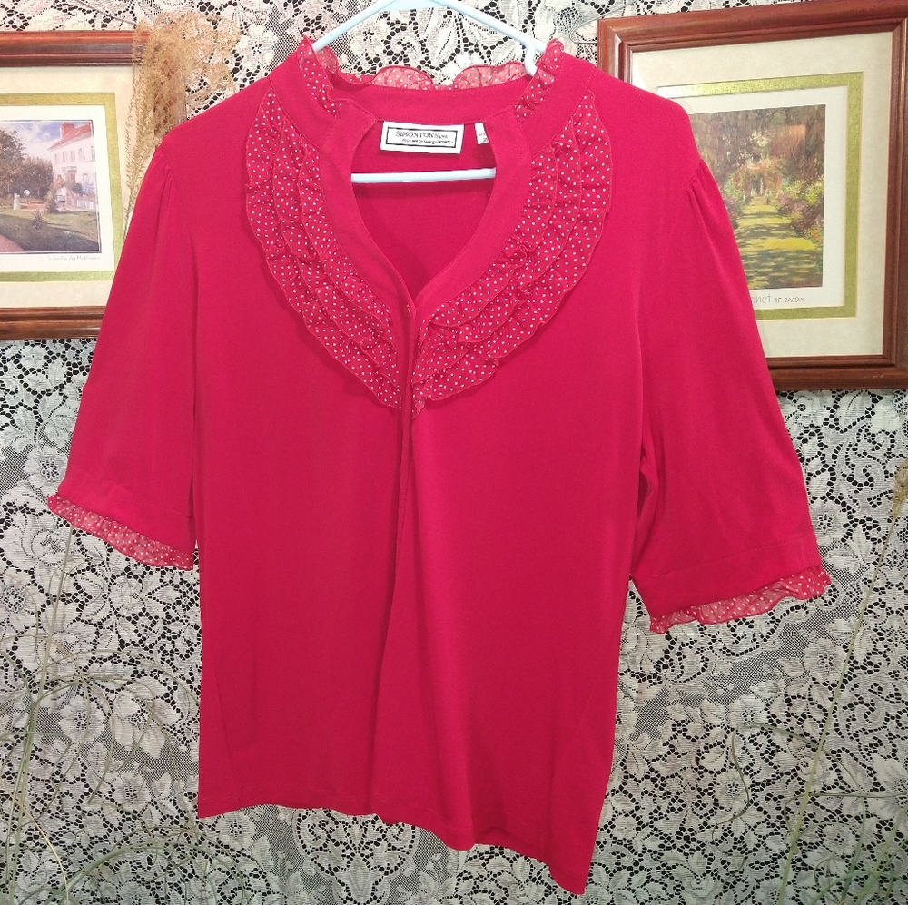 George Simonton red blouse short sleeve with polka dots and ruffles on sleeves